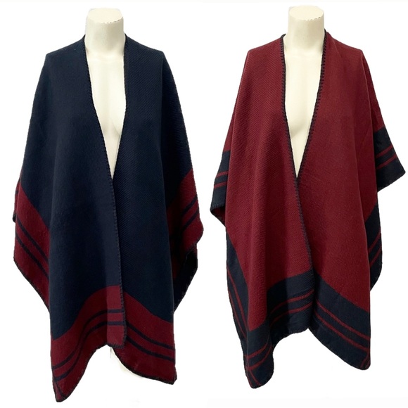Woolrich Blanket Wrap Open Poncho Women’s One Size Reversible Maroon Navy Blue - Picture 1 of 10